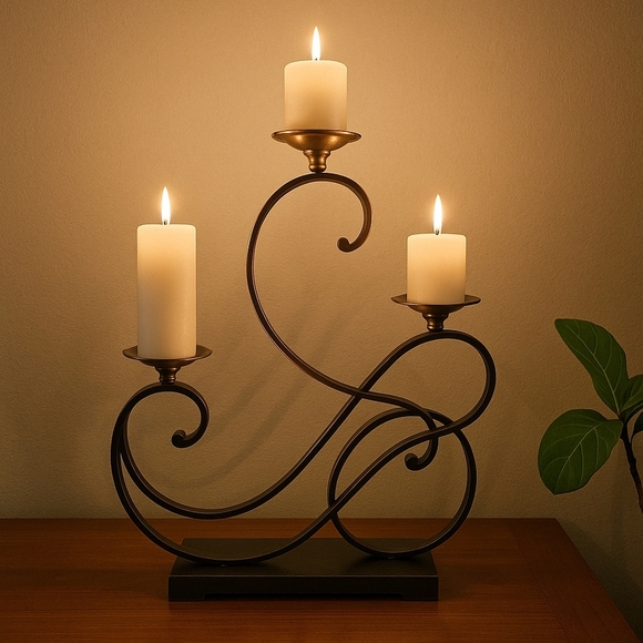 Three tier scroll bent iron/brass candle candelabra holder - Picture 2 of 8